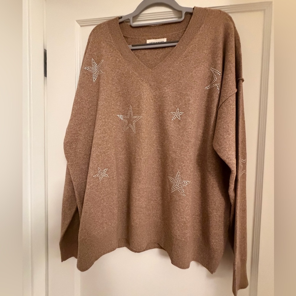 Lucky Brand Tan Star-Studded V-Neck Sweater